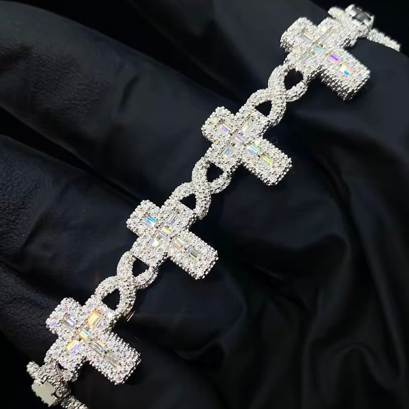 Moissanite Infinity Link Baguette Cross Bracelet