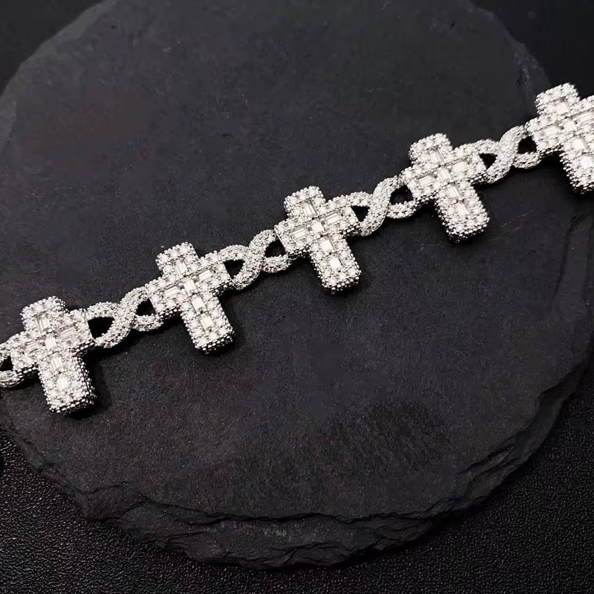Moissanite Infinity Link Baguette Cross Bracelet
